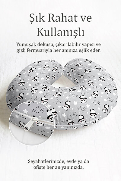 Evimde Bambaşka Panda Desenli Pamuklu Boyun Yastığı - Sevimli Gri Beyaz Çocuk...