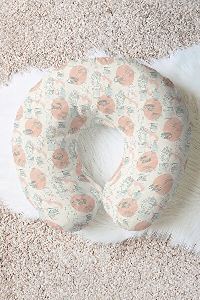 Evimde Bambaşka Antique Sculpture Motif Cotton Neck Pillow - Beige Salmon Tra...