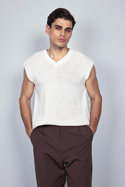 ablukaonline Men's Oversize V-Neck Knitwear Sweater Beige