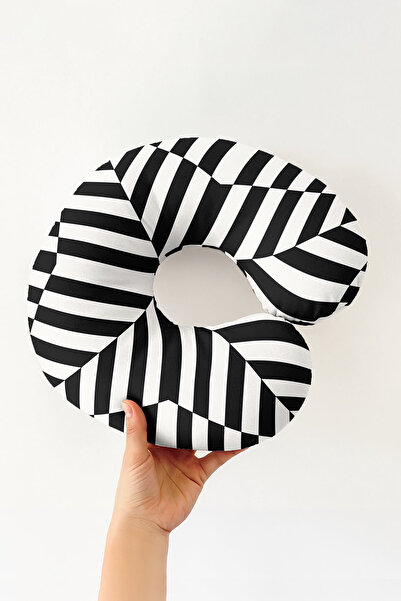 Evimde Bambaşka Black and White Geometric Striped Neck Pillow - Modern Optica...
