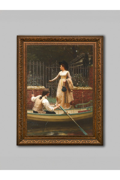 WoodyArts Întâlnire pe râu Tablou cu peisaj romantic – Cadru antic maro