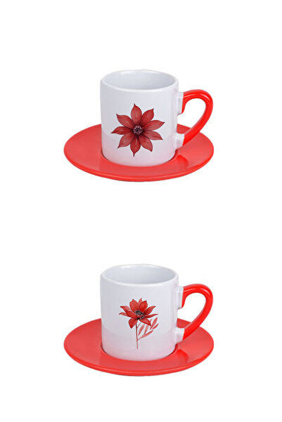 giftkonsept Red Flowers Printed Red Handle 4-Piece Porcelain Turkish Coffee Cup Set