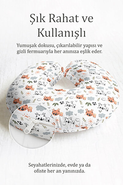 Evimde Bambaşka Sevimli İnek Desenli Boyun Yastığı - Çocuk & Yetişkin Pastel Turuncu Gri Beyaz Seyahat Yastığı