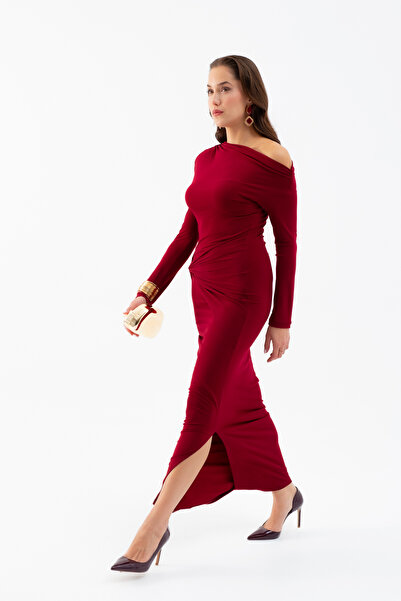 Lafaba Women's Burgundy Knot Detail Long Knitted Dress