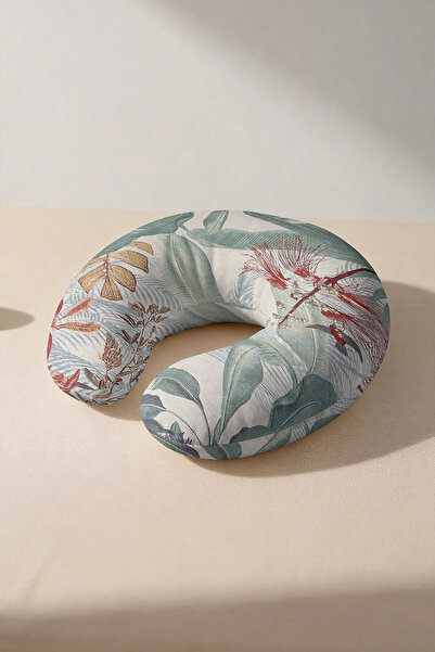 Evimde Bambaşka Tropical Leaf Pattern Ergonomic Neck Pillow - Natural Green C...