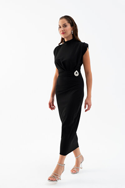 Lafaba Women's Black Accessory Detail Padded Midi Dress