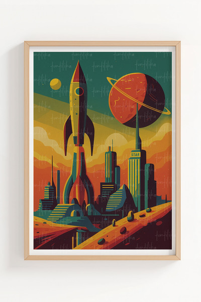 Tontilika Astronot ve Roket 3’lü Uzay Temalı Ahşap Çerçeveli Tablo Seti - Genç Odası Dekoru