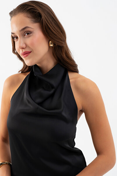 Lafaba Women's Black Degaje Collar Satin Skirt Blouse Set