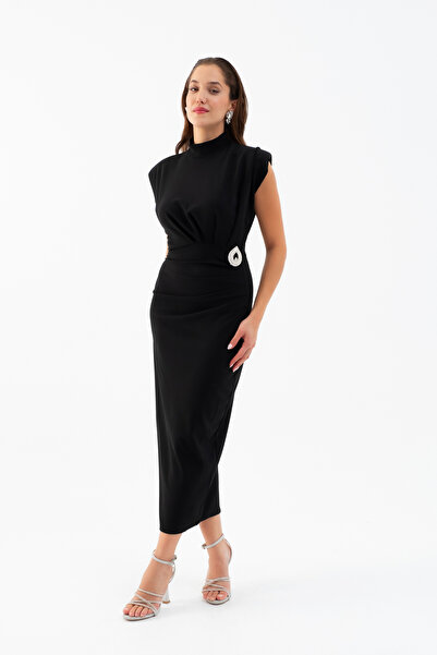 Lafaba Women's Black Accessory Detail Padded Midi Dress
