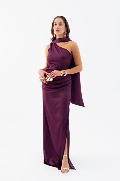 Lafaba Women's Plum Scarf Collar Slit Long Satin Evening Dress