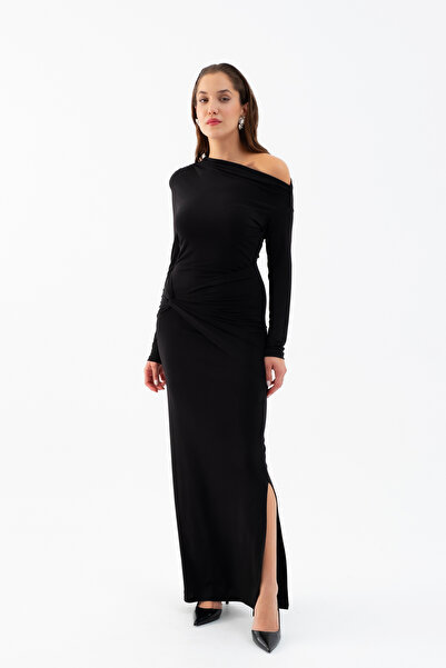 Lafaba Γυναικείο μακρύ πλεκτό φόρεμα με λεπτομέρεια με μαύρο κόμπο