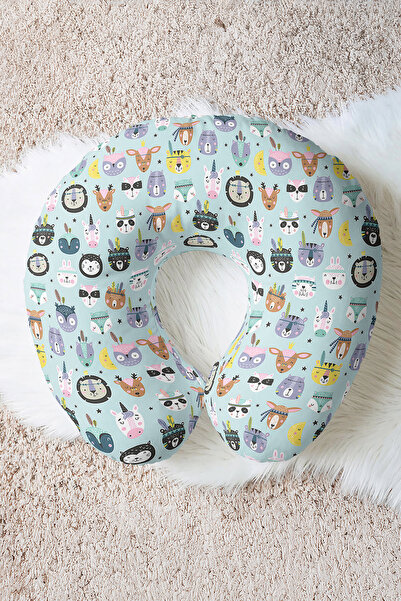 Evimde Bambaşka Pernă ergonomică pentru gât cu figurine drăguțe de animale - Pernă de călătorie cu desene galbene mentă pentru copii și adulți