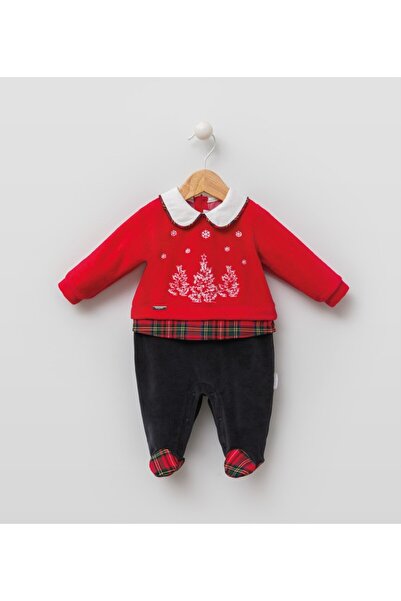 Babydola Babydoıla Velvet New Year's Footed Jumpsuit with Snap Fasteners on the Back