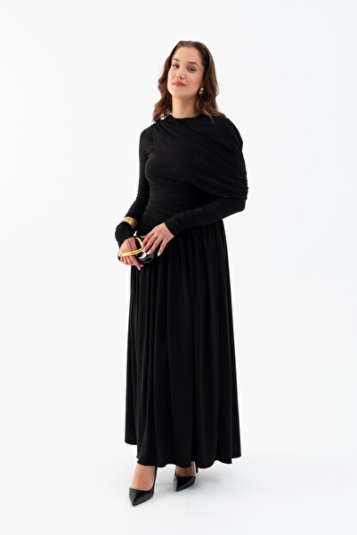 Lafaba Women's Black Shoulder Detail Cross Gathered Long Dress