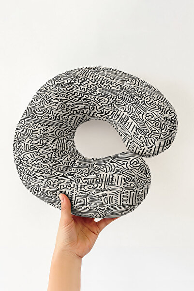 Evimde Bambaşka Abstract Line Art Cotton Neck Pillow - Modern Minimalist Blac...
