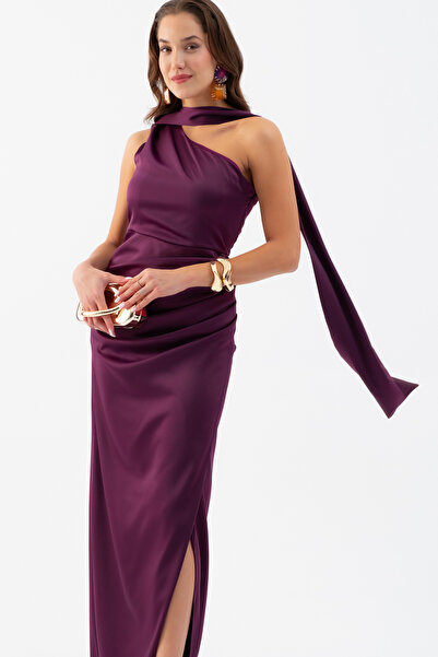Lafaba Women's Plum Scarf Collar Slit Long Satin Evening Dress