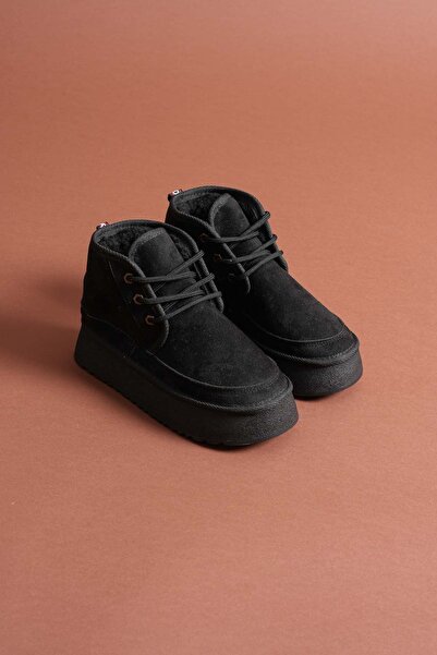 Hayalimdeki Ayakkabı Venessa Kadın Mini Siyah Süet Bağcıklı içi Tüylü Düz Taban Bot