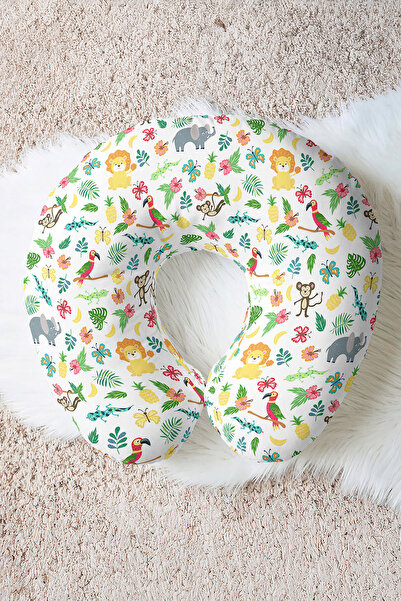 Evimde Bambaşka Pernă pentru gât cu figurine de animale tropicale - Pernă de călătorie pentru copii și adulți cu model în dungi colorate