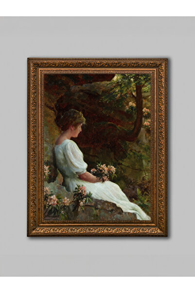 WoodyArts Ζωγραφική πορτρέτου νεαρής κοπέλας σε λευκό φόρεμα – Καφέ αντίκα κο...