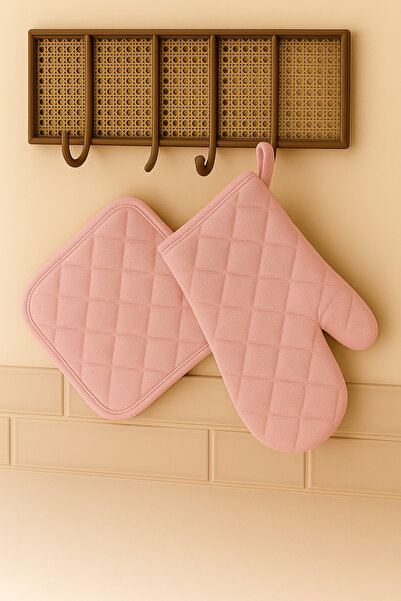 prokitchen مجموعة من قفازين وحامل للفرن مقاومة للحرارة، مجموعة قفازات للمطبخ باللون الوردي الفاتح
