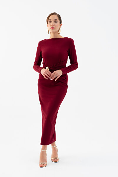 Lafaba Women's Burgundy Padded Waist Gathered Midi Dress