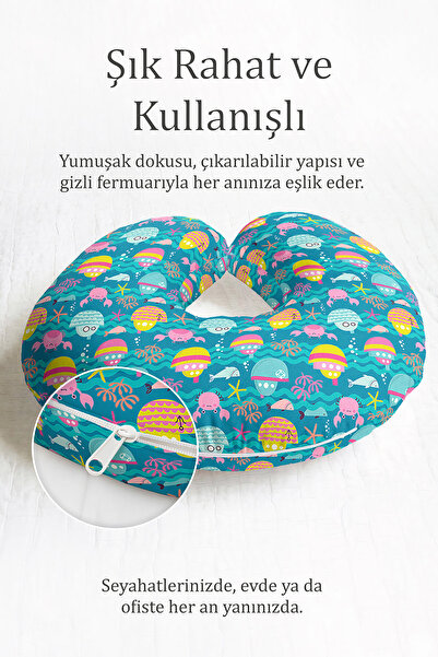 Evimde Bambaşka Deniz Temalı Çocuk & Yetişkin Ergonomik Boyun Yastığı - Sevimli Mavi Mercan Desenli Seyahat Yastığı