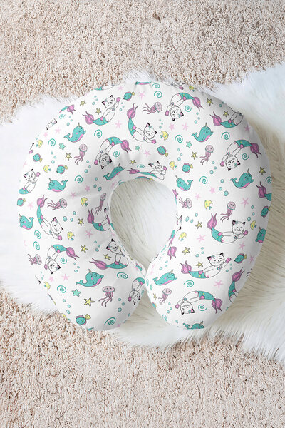 Evimde Bambaşka Cat Mermaid Cotton Neck Pillow - Cute Turquoise Pink Kids & A...