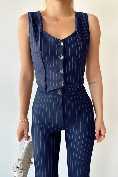 loia Women's Navy Blue V-Neck Buttoned Striped Sleeveless Crop Vest Loi̇a25-5258