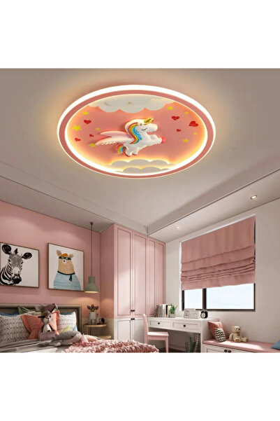 Fico Home Modern Tasarım Dimmer Özellikli Kumandalı 3 Renk Işıklı Unicorn Kız Çocuk Odası Avizesi Pembe
