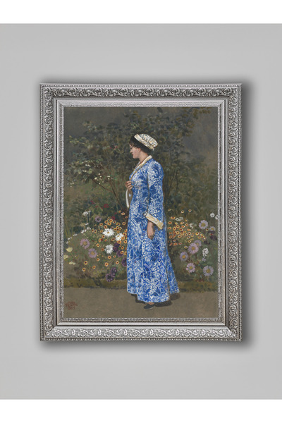 WoodyArts Woman among Flowers in the Garden Painting – Gray Antique Frame