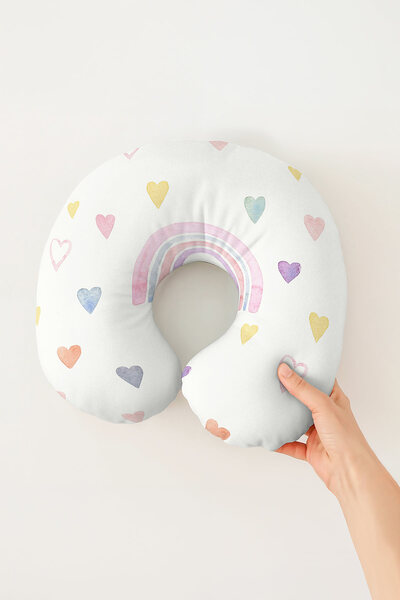 Evimde Bambaşka Pastel Colored Heart Rainbow Cotton Neck Pillow - Special Des...