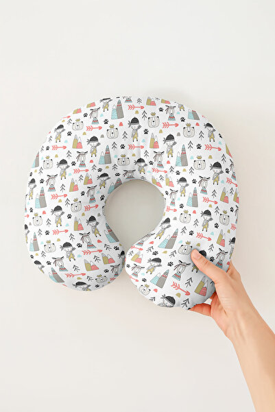 Evimde Bambaşka Pernă pentru gât din bumbac cu figurine de animale drăguțe - Pernă de călătorie pentru copii și adulți, culori naturale