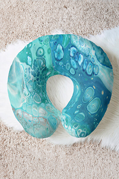 Evimde Bambaşka Modern Water Wave Pattern Neck Pillow - Abstract Blue Green S...