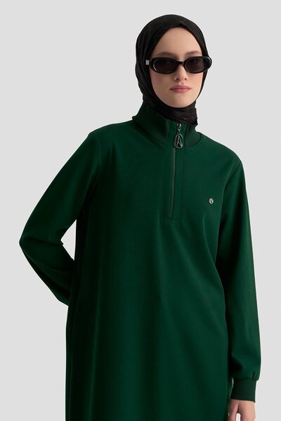 Armine TREND Ribbed Sleeves Half Zipper Tunic Emerald 25Kt456