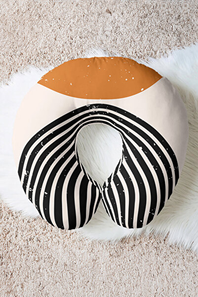 Evimde Bambaşka Pernă pentru gât cu dungi geometrice moderne - Pernă de călătorie în stil retro, crem, negru, maro