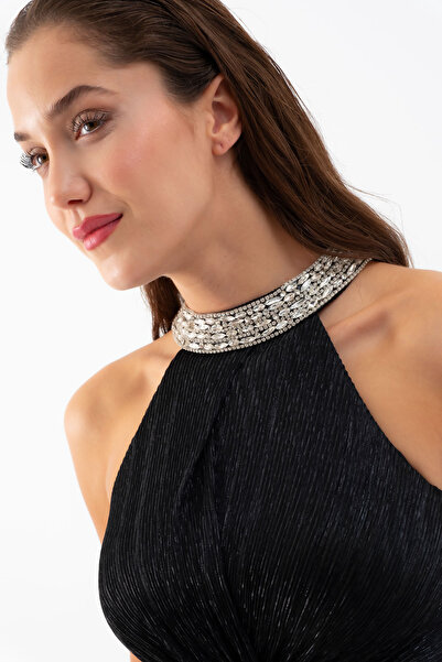 Lafaba Women's Black Halter Neck Stone Long Evening Dress