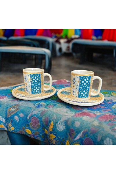 Turkuaz Porselen Porselen 4 Parça 2'li Kahve Fincan Takımı 100 Ml Klasik