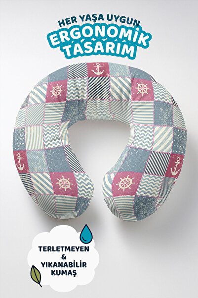 Evimde Bambaşka Pernă pentru gât cu model Marin Patchwork - Pernă de călătorie ergonomică, albastru marin, roz