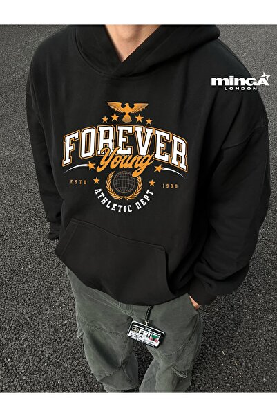 Minga London سويت شيرت أسود كبير الحجم مطبوع عليه Forever Young للجنسين - مين...