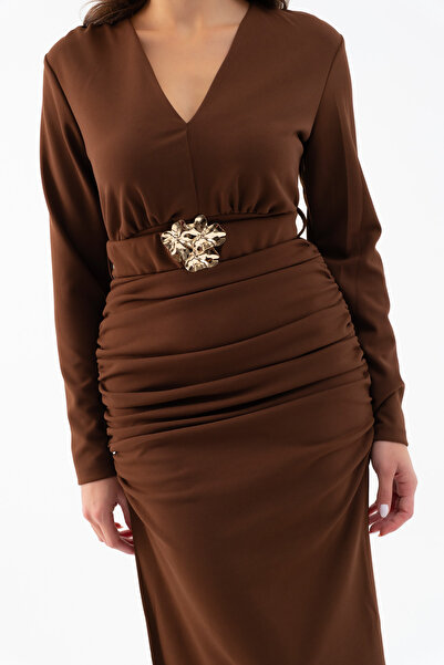 Lafaba Γυναικείο μακρύ φόρεμα με καφέ ζώνη και λεπτομέρεια με κορδόνι