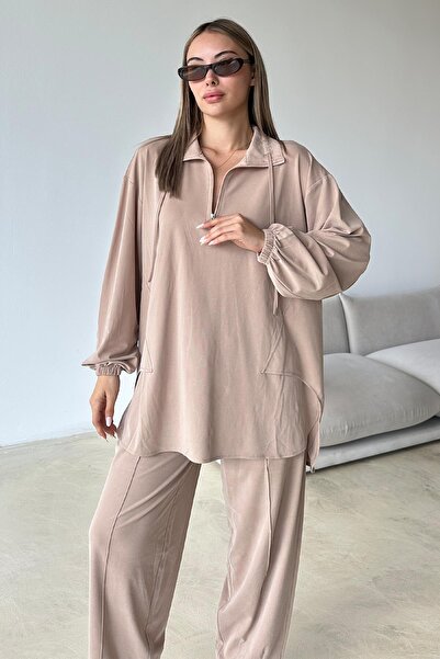 Olcay Premium Knitted Fabric Tunic Pants Set with Zipper Detail on the Collar Kamel 9375-Tk