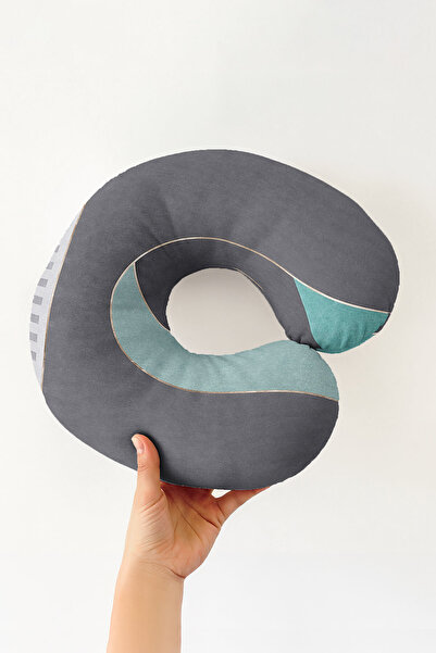 Evimde Bambaşka Modern Geometric Grey Cotton Neck Pillow - Minimal Lines Ligh...