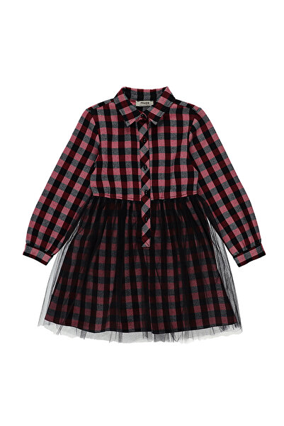 Panço Kız Kırmızı Dokuma Yuvarlak Yaka Elbise