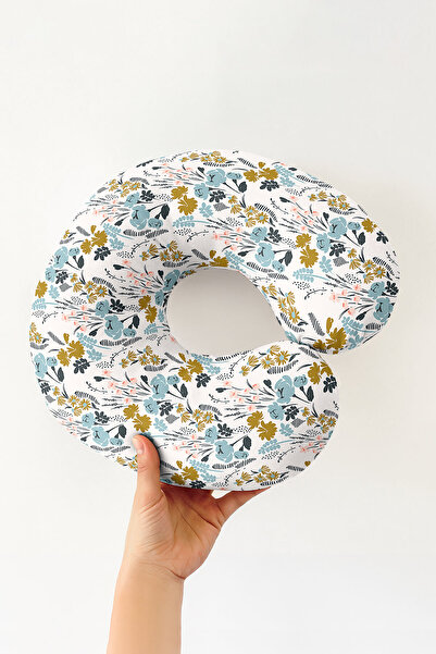 Evimde Bambaşka Floral Pattern Cotton Neck Pillow - Modern Pastel Blue Yellow...