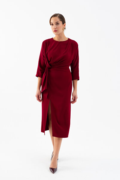 Lafaba Kadın Bordo Yırtmaçlı Midi Saten Davet Elbisesi