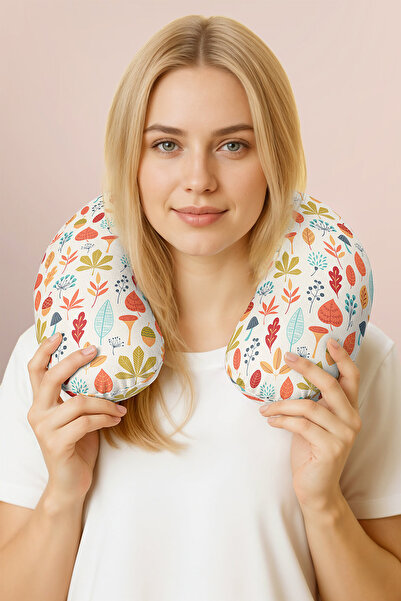 Evimde Bambaşka Pernă pentru gât cu frunze de toamnă colorate - Pastel Portoc...