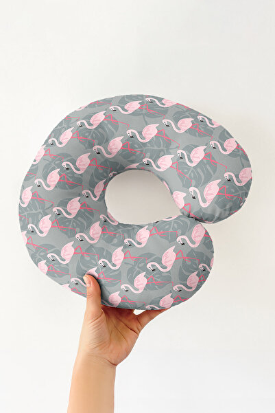 Evimde Bambaşka Flamingo Patterned Cotton Neck Pillow - Tropical Pink Gray So...