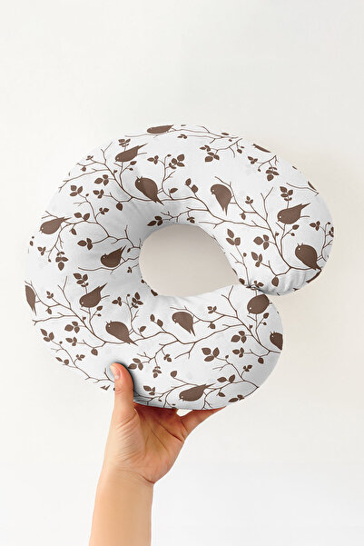 Evimde Bambaşka Pernă pentru gât din bumbac cu figură de pasăre - Pernă de călătorie crem maro cu ramuri naturale