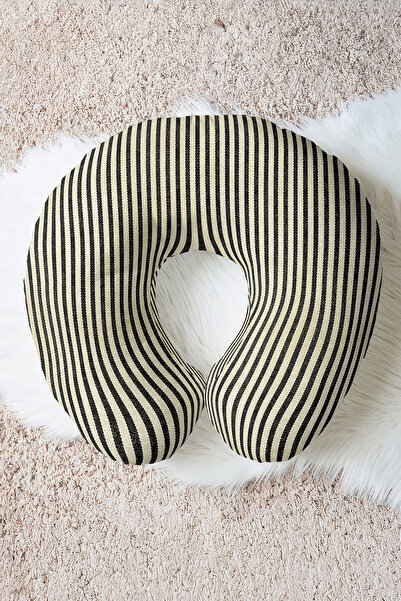 Evimde Bambaşka Black Beige Striped Cotton Neck Pillow - Modern Stripe Patter...