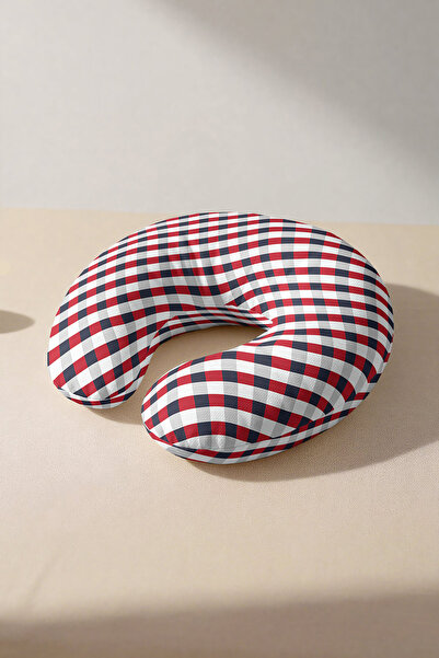 Evimde Bambaşka Red Navy Blue Plaid Cotton Neck Pillow - Modern Square Patter...